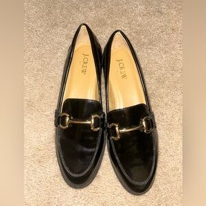 J. Crew Black Patent Leather Loafers with Gold Horsebit